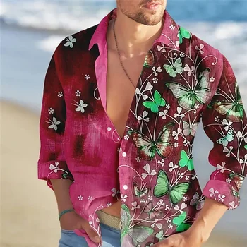 2023 Мъжка риза с дълъг ръкав Модна тенденция Пеперуди Пъстри цветя модел HD Graphics Ежедневни Градинска мъжки дрехи