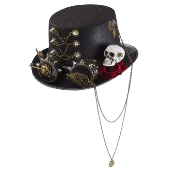 2023 Нова пънк-готически шапка за коса Steampunk Мини-цилиндър с Розов виртуален скелет Cosplay Цилиндър за Хелоуин Карнавал