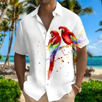 2023, НОВАТА пролетно-есенна мъжка риза с 3D принтом папагал, однотонная риза с висока яка, casual стил, по-големи размери