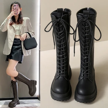 2024 Нови дамски обувки на платформа с шнур, до коляното, стегнати крака, есен-зима, участък по лозата 