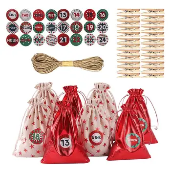 24ШТ Коледен Адвент-календар, чанти с на скоби, етикети, Подарък чанта от съвсем малък е от филц / лен, чанта за съхранение, виси на закачалка