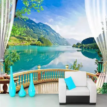 3D Тапети Балкон Синьото Небе, Езеро, Гора Природа Пейзаж Снимка стенописи Дневна Спалня Фон на Стената Papel De Parede