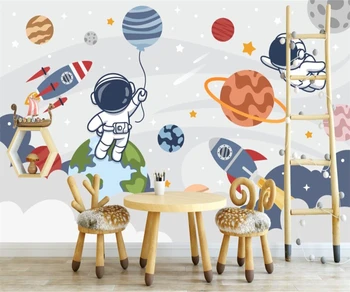 beibehang papier peint Индивидуални съвременните скандинавски тапети с ръчно рисувани ракета и космически планета астронавт на фона на тапети за детска стая