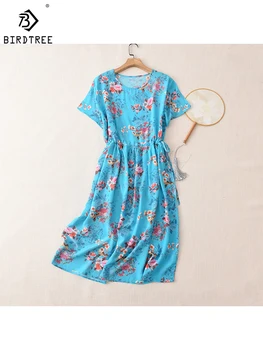 Birdtree 2023 Дамски дрехи от 100% естествена коприна тутового цветове в синьо с флорални принтом, Свободно рокля със средна дължина, D38318QD