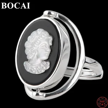 BOCAI S925 Пръстени от Сребро за Мъже, Жени 2023 Нова Мода Креативен Дизайн, Въртяща се Фигурка Миди Ахат Регулируеми Бижута