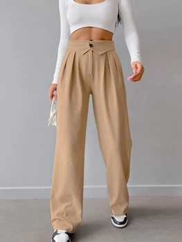 Davestis, есенни обикновен женски костюмные панталони, всекидневни нагънат на широки панталони с висока талия копчета и ципове, офис женски улични дамски панталони