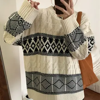 Hsa Корея свободна голяма версия на ретро голяма версия на женската геометрична жаккардовый пуловер С Печени Swirls под формата На Снежинки Коледен пуловер