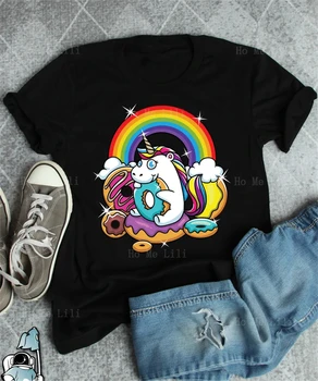 Rainbow Unicorn Яде Поничка, Сладка Забавни Дамски Памучни тениски