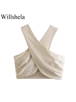 Willshela/ Дамски модни нагънат съкратен върховете каки с отворен гръб и лък, реколта дамски блузи без ръкави с препратка бретельками, шик жена топ за дама