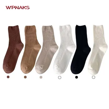WPNAKS Чорапи за Жени Есенно-Зимни Дрехи Harajuku Трикотажни Оребрени Обикновена Дълги Чорапи Дамски Чорапи Мода 2024