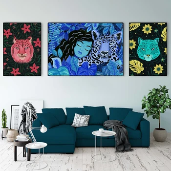 Абстрактни цветя Картина върху платно Плакат Вдъхновяващ девиз Стенно изкуство Момиче и леопард Декор на стая с животни Мотивационни снимки