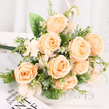 Букет от изкуствени цветя от рози с дължина 32 см, 4 глави, коприна изкуствени цветя за сватбената церемония, начало декор, маса, ваза за парти, Букет