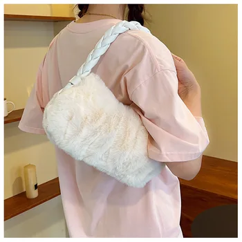 Дамски плюшен чанта в изчистен стил, однотонная лоскутная изкуствена дръжка, Мека чанта през рамо, Дамски ежедневни чанта под мишниците