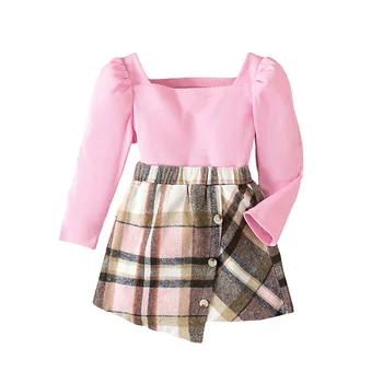 Детски дрехи за момичета, Розови върхове в рубчик с дълъг ръкав, клетчатая пола копчета, Пролетен комплект дрехи