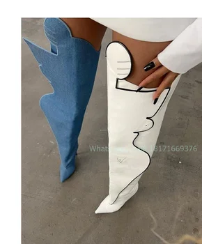 Дизайн с остри пръсти, Бели Секси ботуши, Модни Дамски Ботуши на висок ток-висок ток, от Кожа, Дамски обувки за партита 2024, Рим, Новост