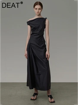 Дизайнерско женствена рокля DEAT с диагонал яка, без ръкав, нередовна свободни дамски елегантни рокли, летни 2024, новост 13DB3161