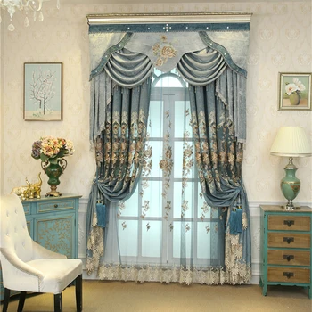 Европейски и американски класически сини аристократичен плътни завеси за хол, спалня и кухня, висококачествени завеси