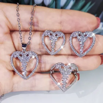 Елегантен пръстен от розово сребро 925 проба с няколко цирконами във формата на сърце, бижута подарък за предложения за брак от три части за жени