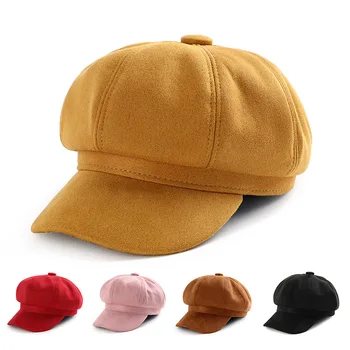 Есенно-зимни шапки за жени, однотонная осмоъгълна шапка вестникарче, мъжки Дамски ежедневни вълнена зимни беретка, женски взема художник