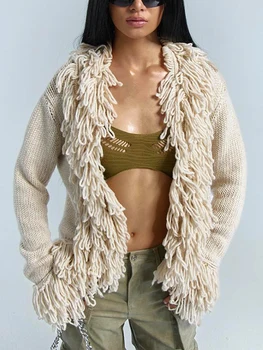 Есенно-зимния вязаный пуловер за жени, жилетка с пискюли, отворен отпред, дълъг ръкав, яке Оверсайз с джобове