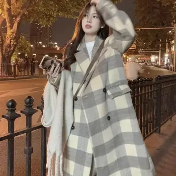 Есенно-Зимния Корейска Вълна палто с Високо Качество 2023, Женско Класическо Винтажное Двубортное Покривка козината е със Средна дължина в клетката