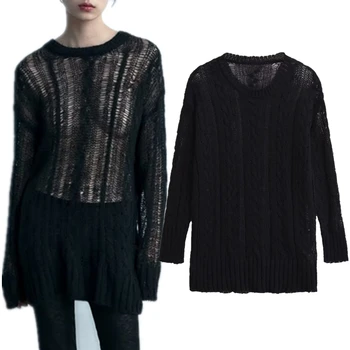 Жена вязаный пуловер Дейв & Di в стила на френски кънтри, свободен жена пуловер с дълъг ръкав и кръгло деколте цвят черен за жени