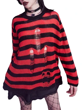 Женската пънк-готически пуловер, дрипави шарени вязаный пуловер y2k, гръндж-готически риза, потертая козметична облекло