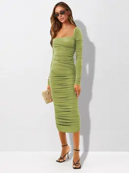Зелена плиссированное рокля Миди с квадратна яка и дълъг ръкав, женски однотонное дебнещ гореща секси рокля 2024 г.