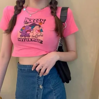 Кавайная скъпа дамска тениска с къс ръкав, ризи с шарките от аниме, лятна новост, Корейската мода, пикантен розов потник за момичета
