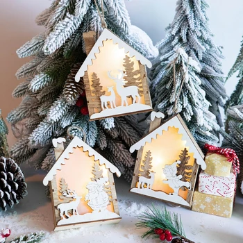 Коледен вид на сняг, моделиране на дървена къща, Подвесное украса на въже, Окачен лека нощ, стенен декор за парти