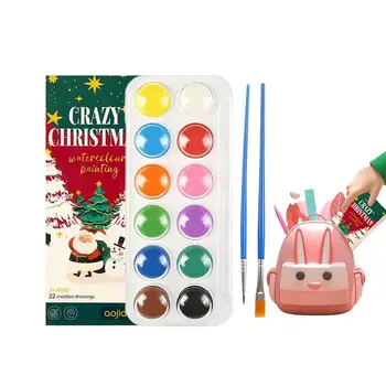 Коледен комплект акварельных бои, Джобен Мини-албум за рисуване Пигменти и четка за рисуване, Комплект Коледни играчки