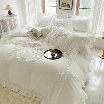 Комплект спално бельо White Princess, Корейски стил, Цветна бродерия, Египетски памук, пухени с волани, покривка, пола, за легла, калъфки за възглавници