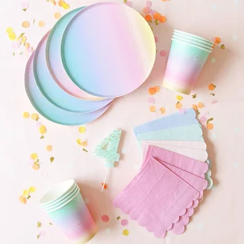 Комплект съдове за готвене Rainbow за украса на парти по случай рожден Ден, посуда и прибори за еднократна употреба Rainbow, хартиени чинии, чаши, салфетки, покривка за вечеря