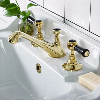 Кран в класическия американски стил, луксозен смесител за мивка в банята, Златна смесител за топла и студена вода, смесител за мивка в банята