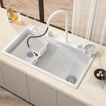 Кухненска мивка с водопад Бяла Голяма однощелевая кухненска мивка от неръждаема стомана Nano 304 с водопадным смесител за кухня