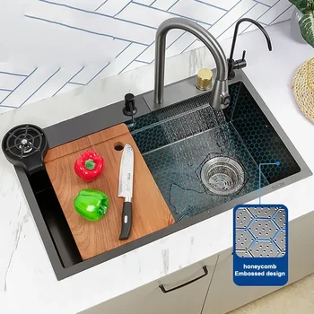 Кухненска мивка с водопад, мивка от неръждаема стомана 304, Голяма однослойная с многофункционален кухненска мивка, смесител с водопад за кухни
