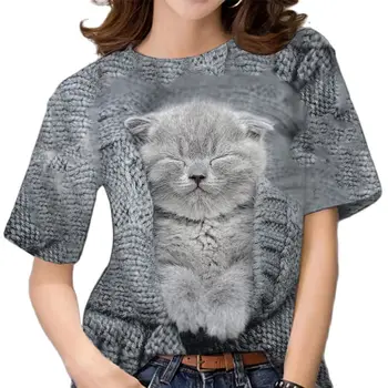 Летни дамски тениски с образа на котка и 3D печат, блузи с къс ръкав, модна тениска Kawaii с животни, Свободна дизайнерски дрехи големи размери