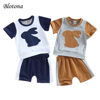 Летни дрехи Blotona за малки момчета, тениска с къс ръкав с модел на заек и ежедневни ластични панталони, комплект 0-24 месеца