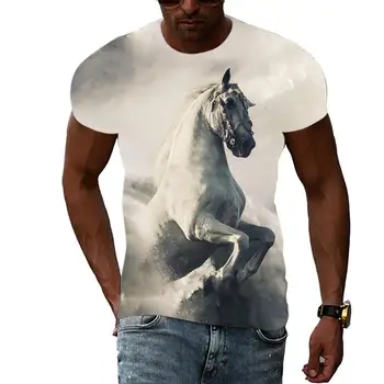 Летни Мъжки Ежедневни тениски с 3D принтом, модни тениски с изображение на животни и коне в стил хип-хоп харадзюку, през цялата деколте, Къс ръкав