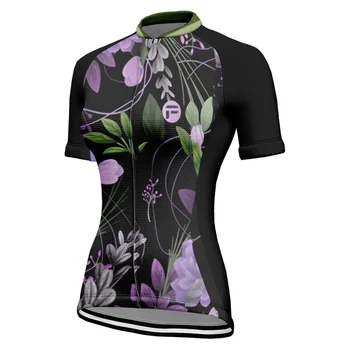 Лятна велосипедна облекло за пътят мотори Pro Team, Дамски Черна велосипедна фланелка с принтом, Къс ръкав, отгоре с цип