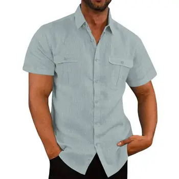 Лятна Гореща Разпродажба Памучни Ленено Мъжки Ризи С къс Ръкав, Едноцветни Блузи С Висока яка, Ежедневни Плажни Ризи Размер Плюс M-5Xl