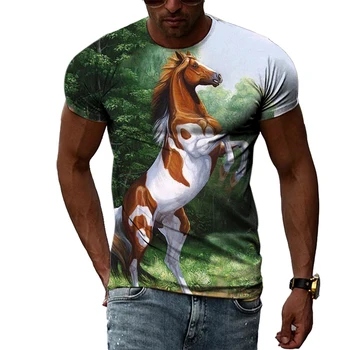 Лятна мъжка тениска с 3D принтом О-образен силует, с къс ръкав и шарките на коня, модерен ретро-забавно удобни връхни дрехи големи размери