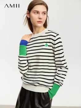 Минималистичен шарен пуловер AMII за жени, Есен 2023, Нова свободна градинска риза с кръгло деколте и бродерии букви от вълна 12323174