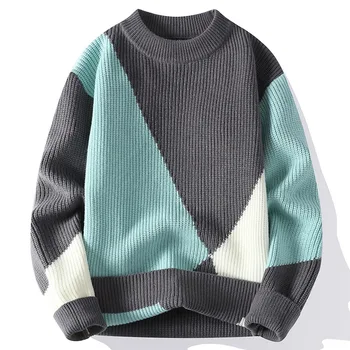 Модерен есенно-зимния пуловер 2023 година Корейски производство Мързел Men ' s Thread Bottom, Контрастен кръгъл отвор, Топло моден трикотаж A182
