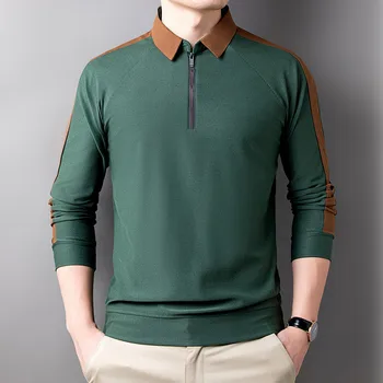 Модната марка мъжка тениска-поло с дълъг ръкав, есенно-пролетно облекло, ежедневни риза поло с яка, цип в корейски стил за мъже, върхове