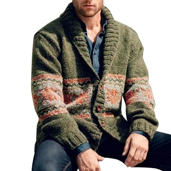 Мъжка жилетка с яка-ботуш и дълъг ръкав, оборудвана пуловер, ежедневни възли палто копчета с джобове