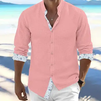Мъжка риза с дълъг ръкав на копчета, на ревера на цветна ивица, пролет-лято, ежедневни облекла, моден дизайн копчета в стил мозайка