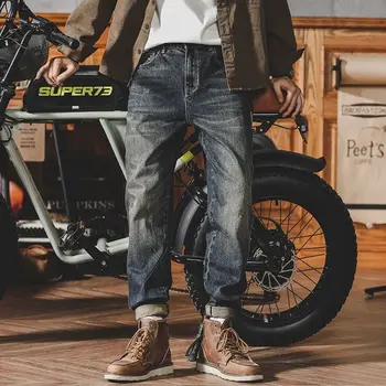 Мъжки дънки мотоциклетни панталони зауженные Мъжки каубойски панталони Участък на Еластична Готически Корейски Модерен Луксозен годишният деним Естетически стил