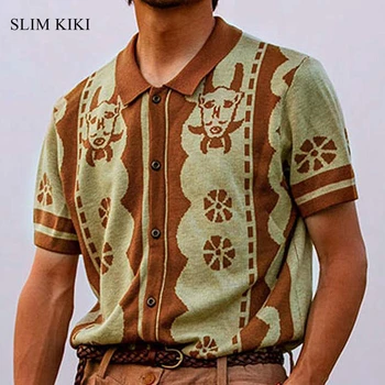 Мъжки реколта трикотажни ризи поло с къс ръкав, контрастная мъжки фланелки, трикотажни блузи копчета, мъжки дизайнерски дрехи в британския ретро стил