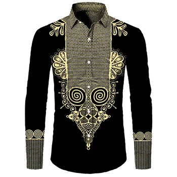 Мъжки ризи с отложным яка и копчета с принтом дашики в африканския стил, ежедневни блузи с дълъг ръкав, градинска облекло в етнически стил, в риза